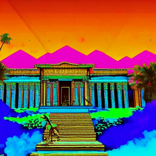 Prompt: a ancient egypt palace covered with blue and pink neons, retrowave art, trending on art station