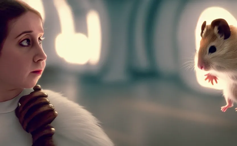 Image similar to hamster as princess leia, movie still, star wars, cinematic, sharp focus, cinematic grain, cinematic lighting, 8 k