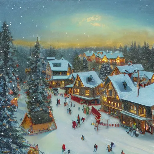 Image similar to a christmas village, aerial view, wide angle, snowing, pine trees, victorian era, 8 k, high detail, oil painting