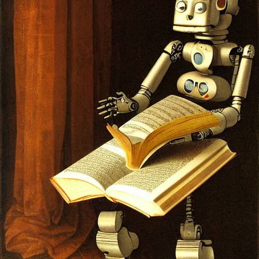 Prompt: a robot reading a book by leonardo da vinci