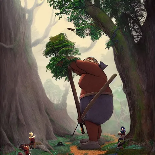 Image similar to giant ogres holding saws and cutting down trees, fantasy, magical, unreal, by studio ghibli, matte painting