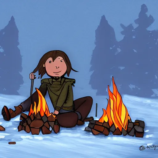 Prompt: Ymir sitting at a fire camp in Jötunheimr. Digital art.