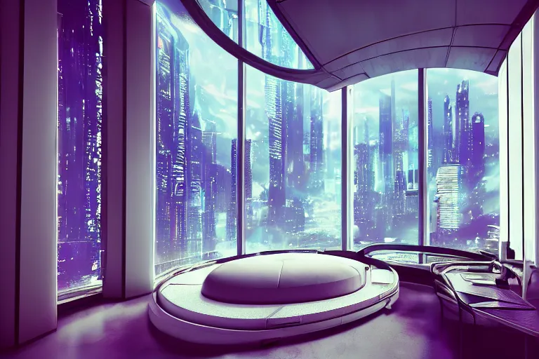 Image similar to a futuristic bedroom with large curved ceiling high windows looking out to a far future cyberpunk cityscape, cyberpunk neon lights, raining, scifi