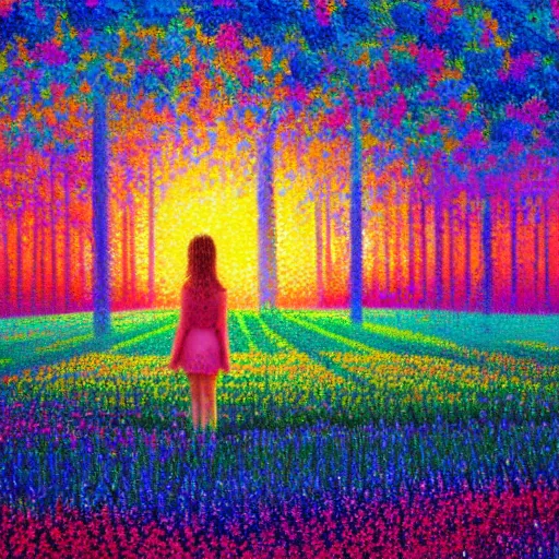 Image similar to girl with made of flower, standing in a flower field, big trees, sunrise dramatic light, impressionist painting, colorful clouds, digital painting, pointillism, artstation, simon stalenhag