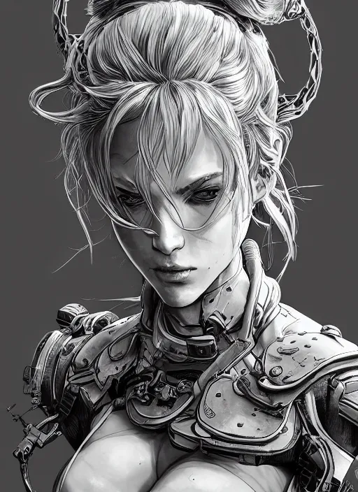 Image similar to close up portrait of a pale woman in power armor with intricate purple hair, powerful, domineering, stoic, masterful, intense, ultrafine hyperdetailed illustration by kim jung gi, irakli nadar, intricate linework, sharp focus, octopath traveler, yoji shinkawa, yoshitaka amano, concept art