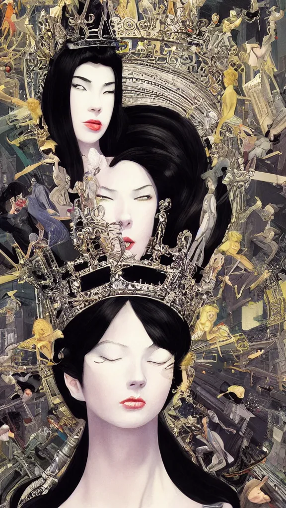 Image similar to a beautiful black haired woman with pale skin and a crown on her head sitted on an intricate metal throne new york circa 1 9 8 4 edward hopper and james gilleard, surreal, open ceiling, highly detailed, airbrush, ilya kuvshinov, wlop, stanley artgerm, very coherent, art by takato yamamoto and james jean