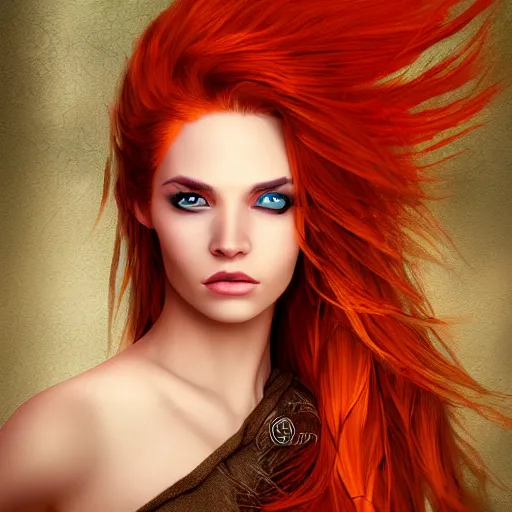 Image similar to a beautiful portrait of a gorgeous female pyromancer with flaming hair, digital art, photorealistic, intricate detail