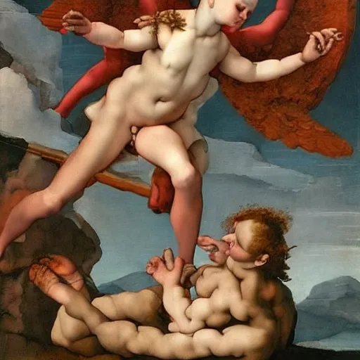 Prompt: a stunning oil painting of a ballerina angel spearing a ballerina demon in an epic battle by michelangelo