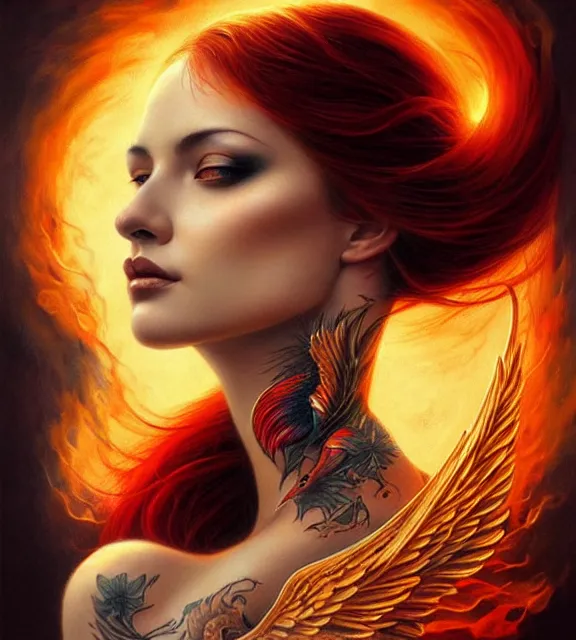 Prompt: woman with fiery tattoos, fiery wings, beautiful, intricate, portrait, digital art by artgerm and karol bak