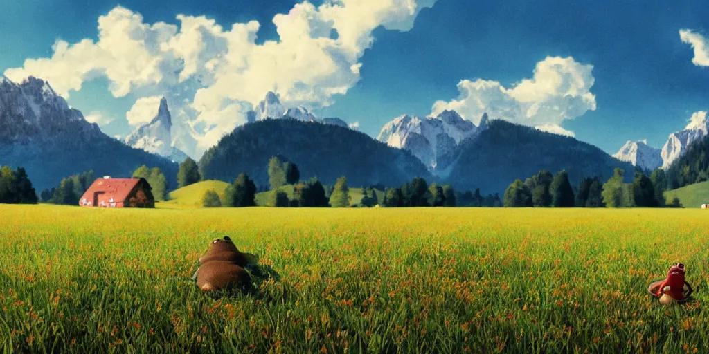 Prompt: a ultra photorealistic and sharp film still of an a sunny and colourful open field in 1 9 1 6 in the middle of the bavarian alps, germany. wide shot, frog perspective, wes anderson, studio ghibli, pixar and disney animation, octane render, anime key art by greg rutkowski, dramatic lighting, award winning photography