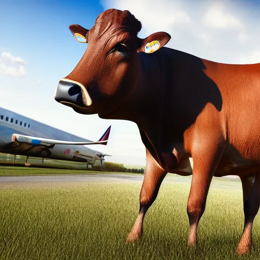 Image similar to a highly detailed ultra realistic photograph of a cow dressed in a male airplane pilot suit