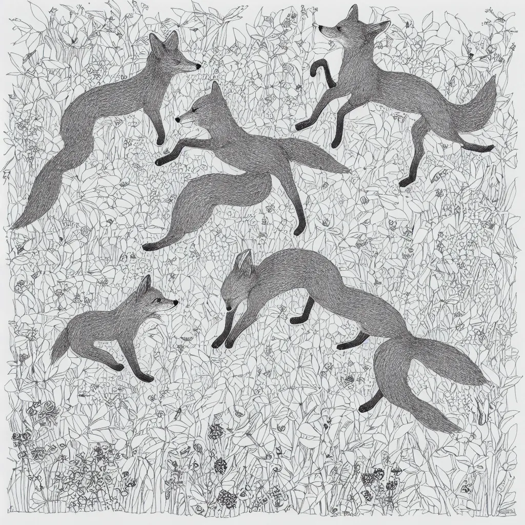 Image similar to foxes playing jumping in tranquillity garden ink drawing by james jean very fine linework