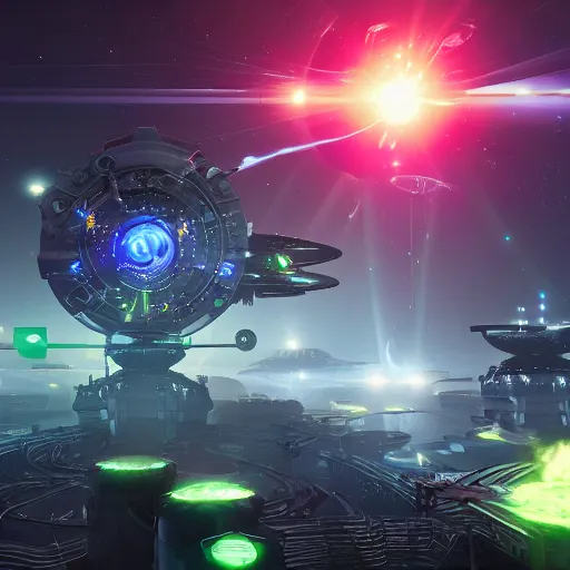 Image similar to clockwork spacestation shooting green lasers, unreal engine, fantasy art