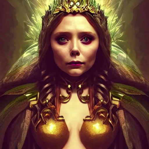 Prompt: elizabeth olsen as the goddess of mischief!!!!!!, golden ratio!!!!!, centered, trending on artstation, 8 k quality, cgsociety contest winner, artstation hd, artstation hq, luminous lighting