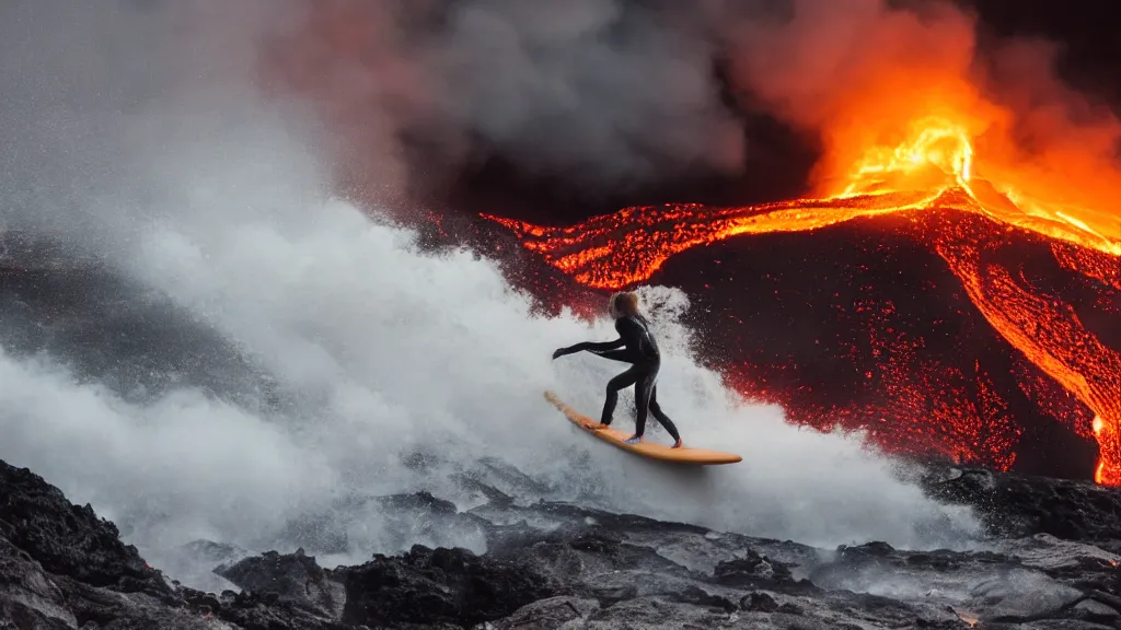 Image similar to person in armor surfing down a river of lava on the side of a volcano on surfboard, action shot, dystopian, thick black smoke and fire, motion blur, sharp focus, cinematic, closeup