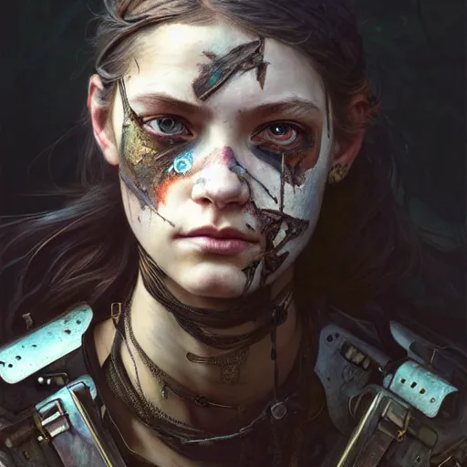 Image similar to portrait painting of a post - apocalyptic teenage girl with warpaint on her face wearing scrap armor, concept art, intricate details, eerie, highly detailed, octane render, 8 k, unreal engine. art by artgerm and greg rutkowski and charlie bowater and magali villeneuve and alphonse mucha