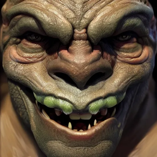 Image similar to An orc smiling into the camera, portrait, artstation, realistic, highly detailed, bokeh, by Alex Flores, by Laurel D Austin, by Dave Rapoza