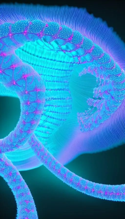 Image similar to 8 k uhd houdini recursive dna fractal structure, background bioluminescent swirling smoke wisps, natural palette, volumetric lighting, 1 8 mm lens