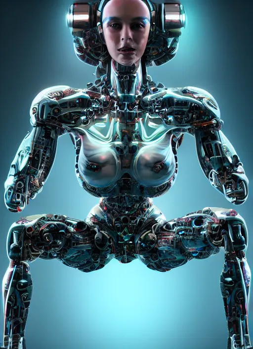 Image similar to photorealistic detailed full body picture of a female cyborg, pretty face with arms and legs and feet and hands, glamour pose, neon lights, humanoid, extreme, uhdr, book called the most influental cyborg in 2 0 5 0, fine details, highly detailed, intricate, smooth sharp focus, symmetrical features, environmental portrait, realistic render