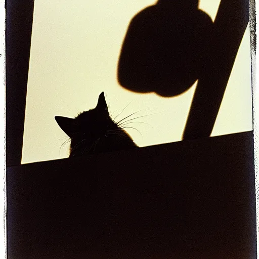 Prompt: wide - shot low - angle ant's eye view of cat shadow on the wall, polaroid photo, by andy warhol