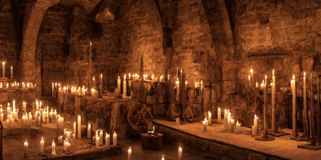 Image similar to Hyper realistic photo of a medieval armory, lit candles, 4k