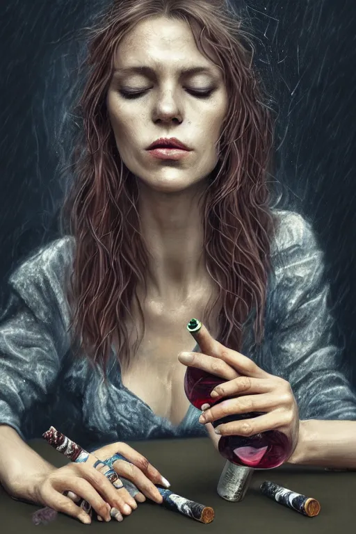 Image similar to dirty faced and very tired womanlooking pile smoking a winebottle, drugs, cigarrette boxes at the table, stormy weather, fantasy, intricate, elegant, highly detailed, digital painting, artstation, concept art, addiction, chains, smooth, sharp focus, illustration, art by Ilja Repin