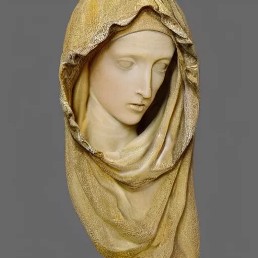 Image similar to a masterpiece marble sculpture of the veiled virgin, subsurface cracks, !face, !female, covered in intricate !detailed golden streaked !!sheer veil , physically based rendering, photo realistic, top light , dark background