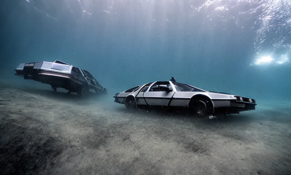 Image similar to photo of a delorean go lightspeed underwater