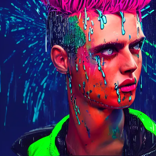 Image similar to splashes of neon, mowhawk, punk portrait made out of paint with rain in the background, trending on artstation, epic composition, emotional, beautiful, rendered in octane, highly detailed, realistic, tim burton comic book art, sharp focus, matte painting, unreal engine