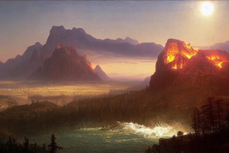 Prompt: the old world will burn in the fires of industry. forests will fall. a new order will rise. matte painting, highly detailed, cinematic lighting, by albert bierstadt, frederic edwin church