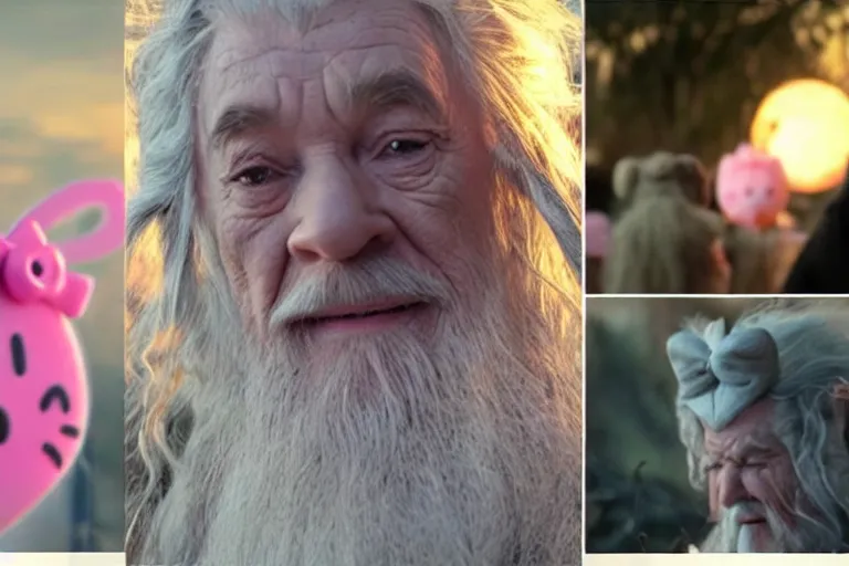 Image similar to Gandalf dressed up like hello kitty, smiling warmly, sunrise, movie still from Lord of the Rings, cinematic