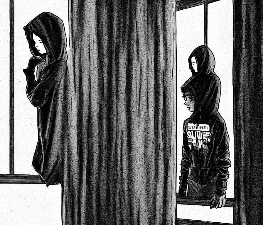 Image similar to sadie sink in hoodie sits on windowsill, knees tucked in | rain falls at night : storyboard, scifi cyberpunk. by gabriel hardman, joe alves. cinematic atmosphere, detailed and intricate, perfect anatomy