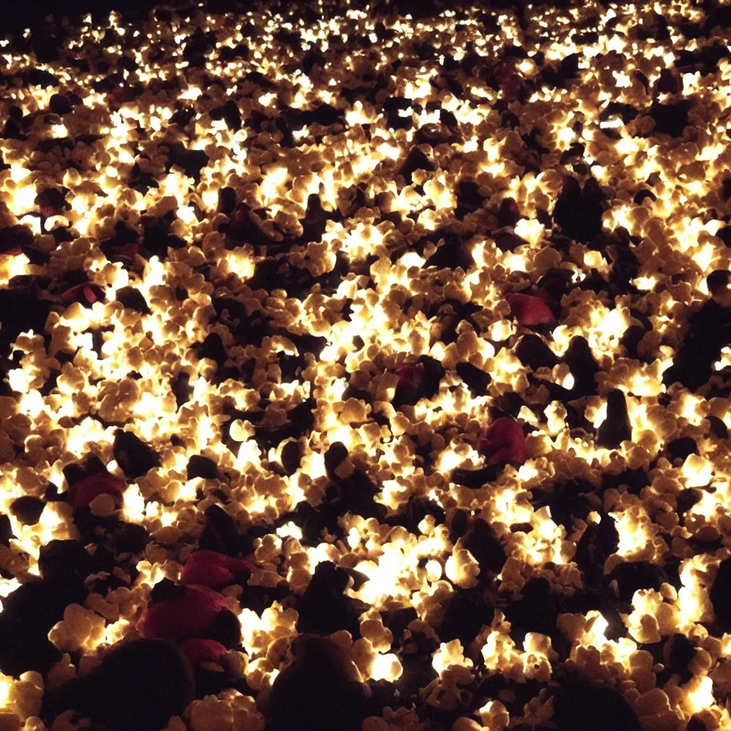 Image similar to outdoor cinema with giant popcorn kernels at night