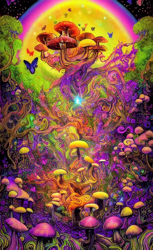 Prompt: psychedelic mushrooms, enchanted cosmic forest, mushrooms on the ground, small fairies, stars in the sky, butterflies, rainbows, psychedelic, wide angle shot, vector art, saucy liquid, fluid, fantasy poster by helen huang and frank frazetta and salvador dali