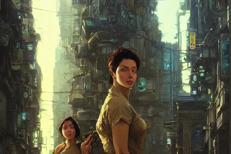 Image similar to A solarpunk very highly detailed Judy Alvarez with very highly detailed face on the street of a very highly detailed smooth solarpunk city digital concept art by Greg Rutkowski, neofuturistic highly detailed, digital concept art, Dimensional cyan gold natural light, sharp focus, Golden Ratio illustration, realistic concept art by Stephen Hickman and James Gurney and Hiromasa Ogura Ghost in the Shell rendered in Octane Render, From the distance