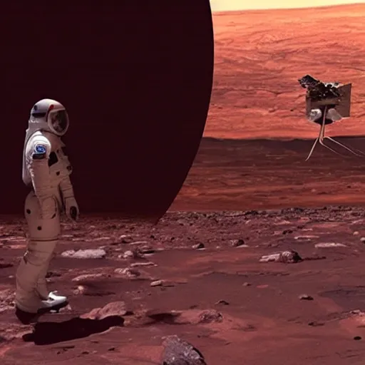 Prompt: movie still of the human president shaking hands with the martian leader on the surface of venus, making peace