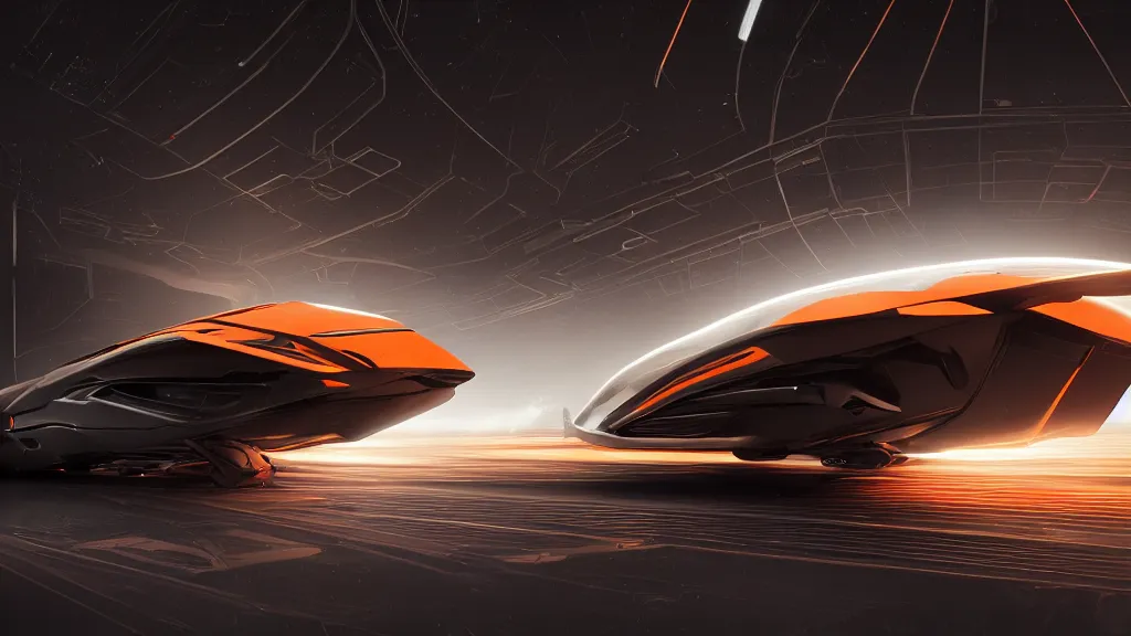 Image similar to a photorealistic dramatic hyperrealistic full frame render of a sleek futuristic interstellar spacecraft, ultra realistic details, glossy white metal, orange racing stripes by nicolas bouvier sparth, vitaly bulgarov, ben mauro, ilm, beautiful dramatic dark moody tones and lighting, cinematic atmosphere, studio lighting, shadows, dark background, octane render, 8 k