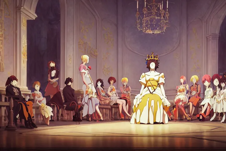 Image similar to baroque oil painting of key visual concept art of anime maid ruling as queen from extravagant throne room, brutalist, dark fantasy, rule of thirds golden ratio, fake detail, trending pixiv fanbox, acrylic palette knife, style of makoto shinkai studio ghibli genshin impact james gilleard greg rutkowski chiho aoshima