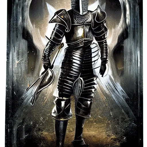 Prompt: knight in dazzling, shining armor, with many reflections on it from all directions