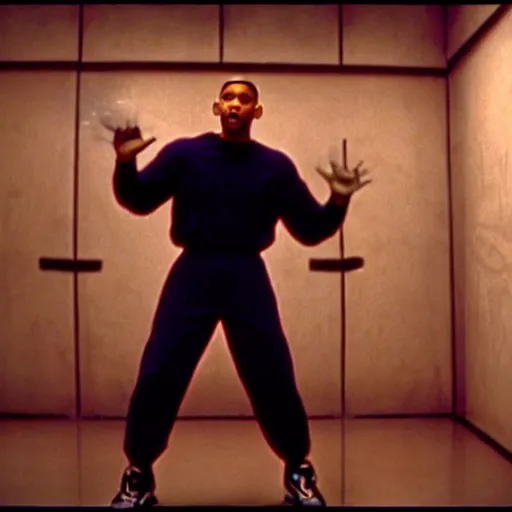 Image similar to will smith slapping a wall with his giant hand. training montage, movie still, cinematic lighting, 3 5 mm film.