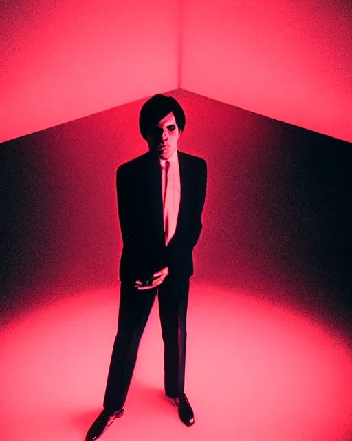 Prompt: 1979 young Gary Numan in a suit, lit by James Turrell, professional photography, darkwave semi-silhouette with red rim light, sigma 35mm f/8