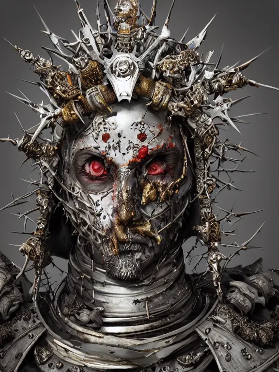 Prompt: portrait art of 8k ultra realistic undead corrupted Caesar, ornate intricate crown of thorns, smashed glass helmet , detailed intricate ornate armour,decaying, cybernetic, full of colour, cinematic lighting, battered, trending on artstation, 4k, hyperrealistic, focused, extreme details,unreal engine 5, cinematic, masterpiece, art by ayami kojima, giger