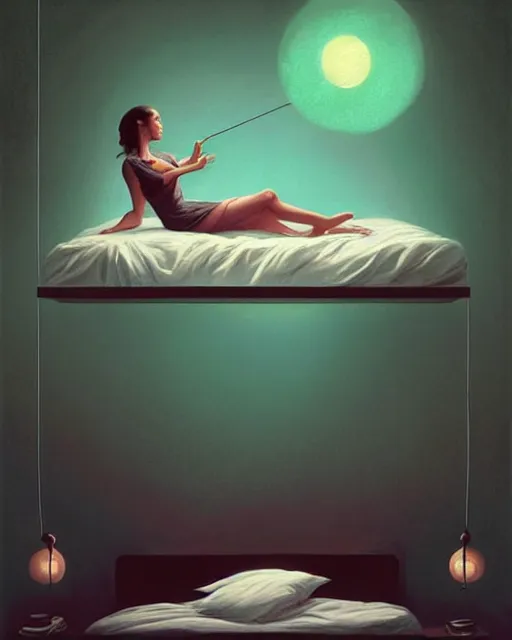 Prompt: a woman floating above her bed at night, green smoke!!!!! surreal concept art, lifelike, photorealistic, digital painting, aesthetic, smooth, sharp focus, artstation hd, artgerm and by greg rutkowski, bruce pennington, valentina remenar, rhads, asher duran,