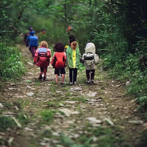 Prompt: kids going on a hike, photograph, national geographic