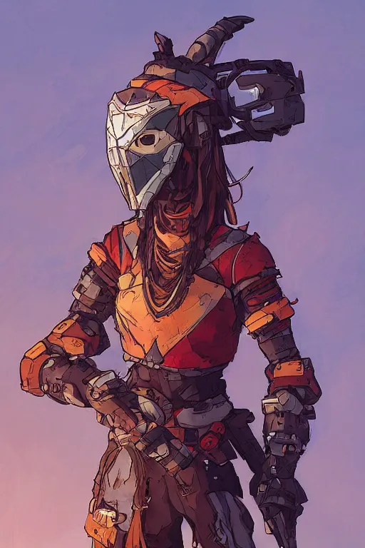 Image similar to combination suit armor aloy horizon forbidden west horizon zero dawn robot ninja mask helmet backpack tribal, gta 5 comics, official fanart behance hd artstation by jesper ejsing, by rhads, makoto shinkai and lois van baarle, ilya kuvshinov, ossdraws