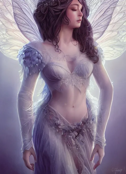 Image similar to full body portrait of a beautiful fairy women with wings of lace, by artgerm, sunny day, highly detailed, perfect lighting, perfect composition, symmetry, detailed features, 4 k, by alan lee, by derek zabrocki, by greg rutkowski