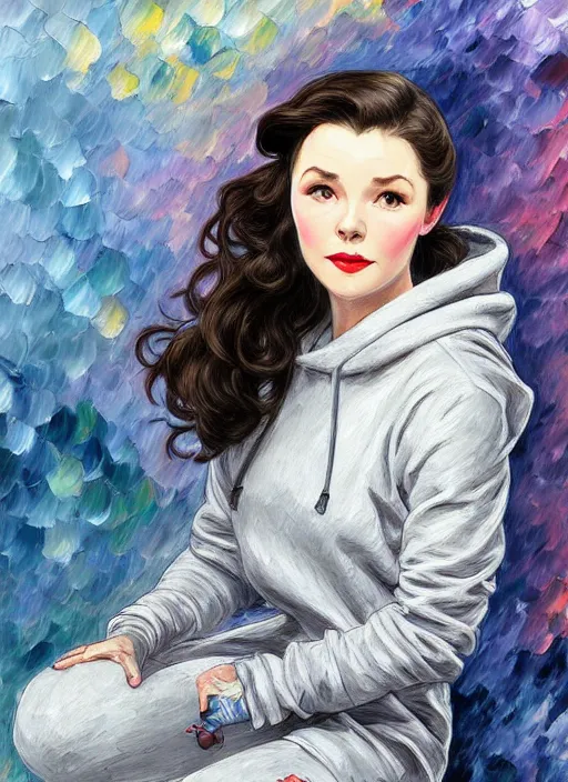 Image similar to vivien leigh, gray hoodie, jeans, half body shot, path traced, highly detailed, high quality, digital painting, alena aenami, leonid afremov, lilia alvarado, shinji aramaki, karol bak, alphonse mucha, tom bagshaw