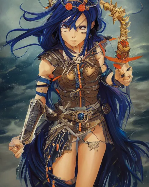 Image similar to An anime portrait of a beautiful D&D half-orc female with long wavy dark blue hair, bright orange eyes, intricate full body armour, fantasy soldier, by Stanley Artgerm Lau, WLOP, Rossdraws, James Jean, Andrei Riabovitchev, Marc Simonetti, and Sakimichan, highly detailed, ultra detailed, golden hour, trending on artstation, cgstudio