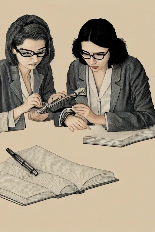 Image similar to portrait of two wise and very beautiful women scientists reviewing some texts, intricate, elegant, highly detailed, smooth, sharp focus, artstation