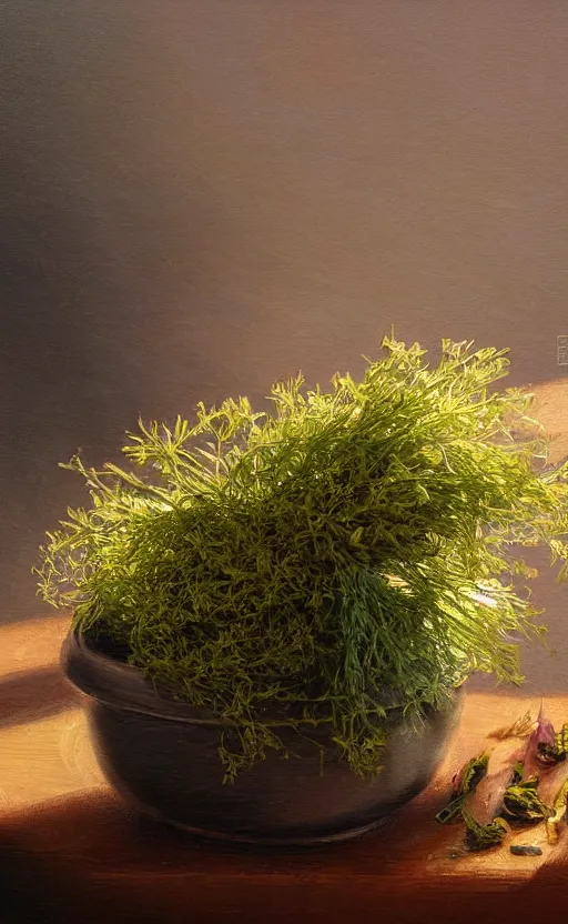 Prompt: dried herbs and scissors on the table, dittany in a small pot, on wooden table in the ray of sunshine, oil painting, sharp focus, high detailed, calm, warm lighting, sparkles, digital art, concept art, by Rutkowsky, baroque